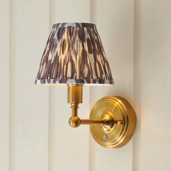 Burley Rechargeable Wall Light in Brushed Aged Brass with Ikat 16cm Pearl Grey Shade
