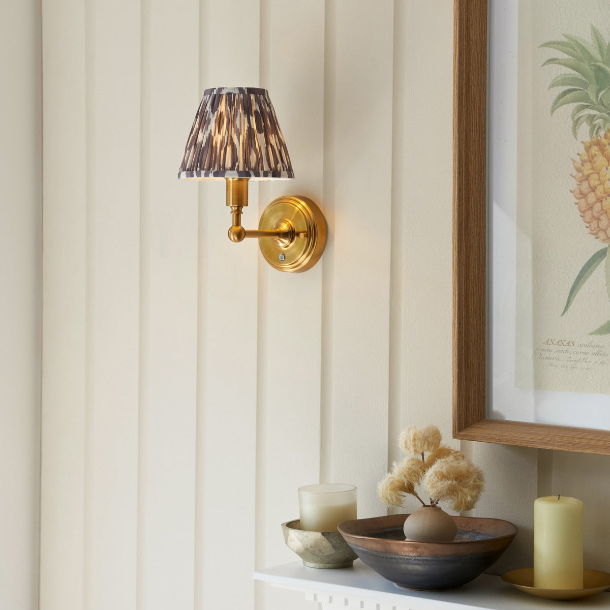 Burley Rechargeable Wall Light in Brushed Aged Brass with Ikat 16cm Pearl Grey Shade