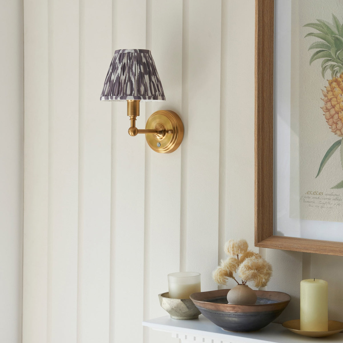 Burley Rechargeable Wall Light in Brushed Aged Brass with Ikat 16cm Pearl Grey Shade