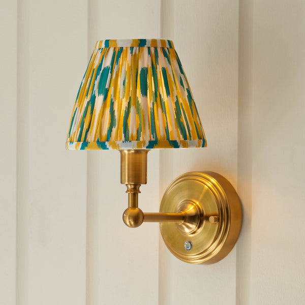 Burley Rechargeable Wall Light in Brushed Aged Brass with Ikat 16cm Yellow & Jade Shade