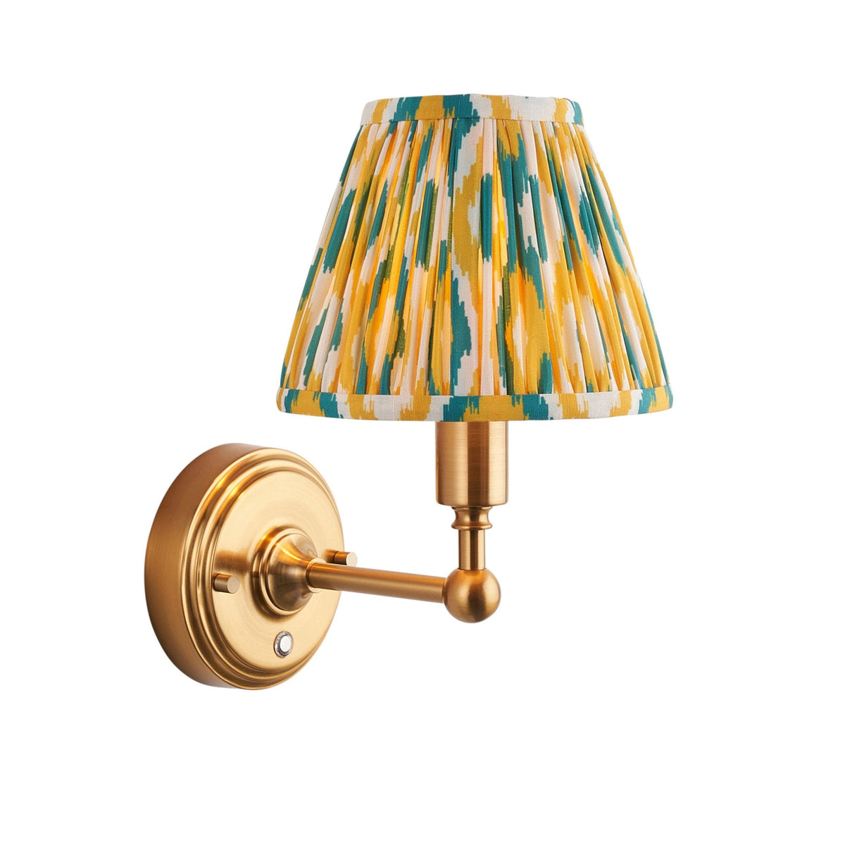 Burley Rechargeable Wall Light in Brushed Aged Brass with Ikat 16cm Yellow & Jade Shade