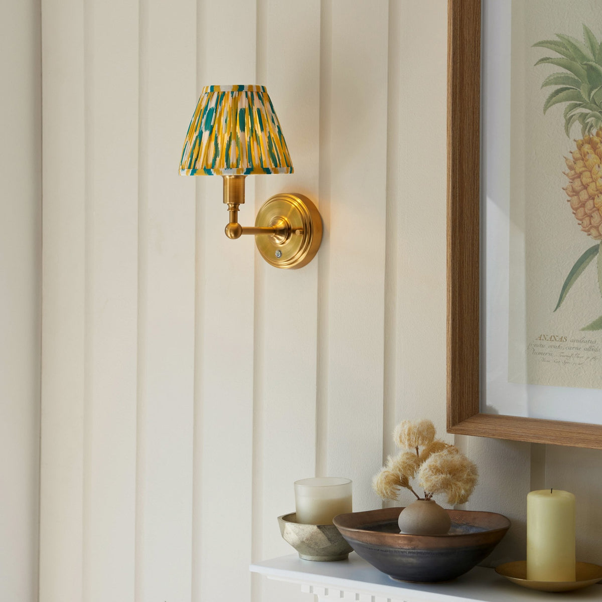 Burley Rechargeable Wall Light in Brushed Aged Brass with Ikat 16cm Yellow & Jade Shade