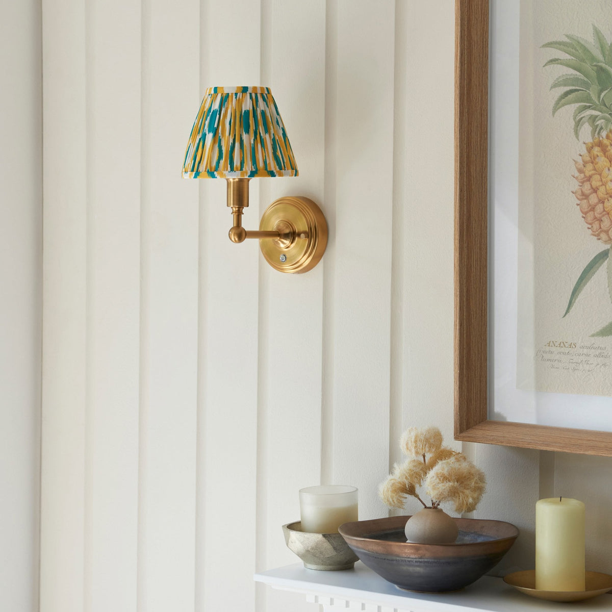 Burley Rechargeable Wall Light in Brushed Aged Brass with Ikat 16cm Yellow & Jade Shade