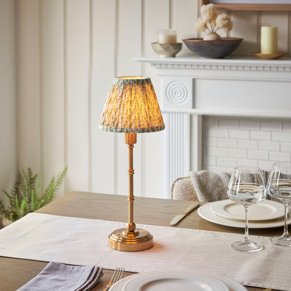 Burley Rechargeable Table Lamp in Brushed Aged Brass with Leaf 16cm Herb Garden Green Shade