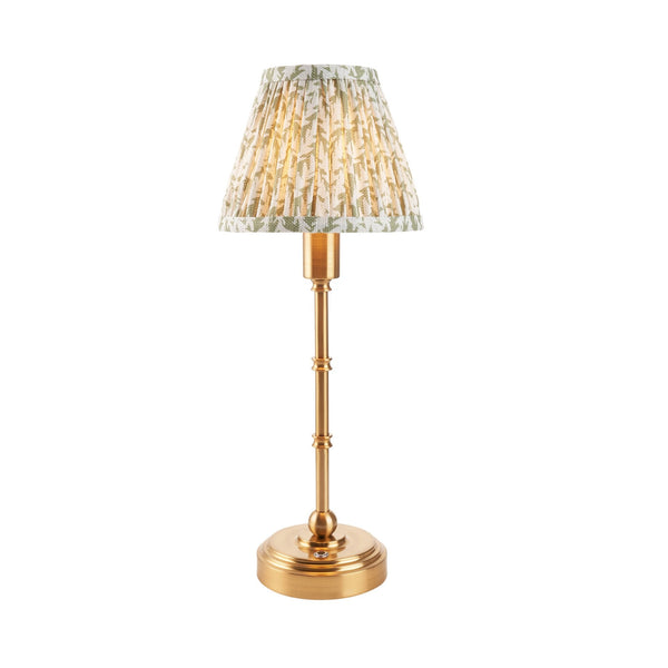 Burley Rechargeable Table Lamp in Brushed Aged Brass with Leaf 16cm Herb Garden Green Shade