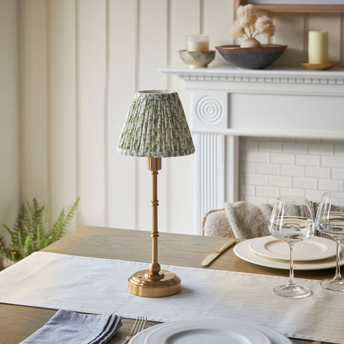 Burley Rechargeable Table Lamp in Brushed Aged Brass with Leaf 16cm Herb Garden Green Shade