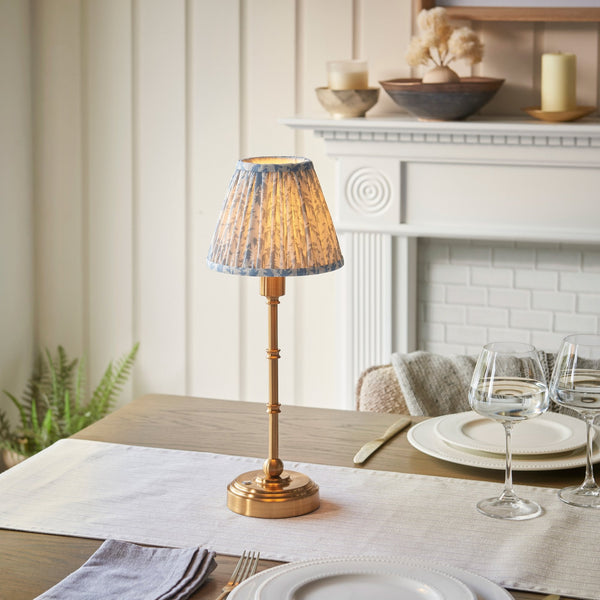 Burley Rechargeable Table Lamp in Brushed Aged Brass with Leaf 16cm Shell Bay Blue Shade