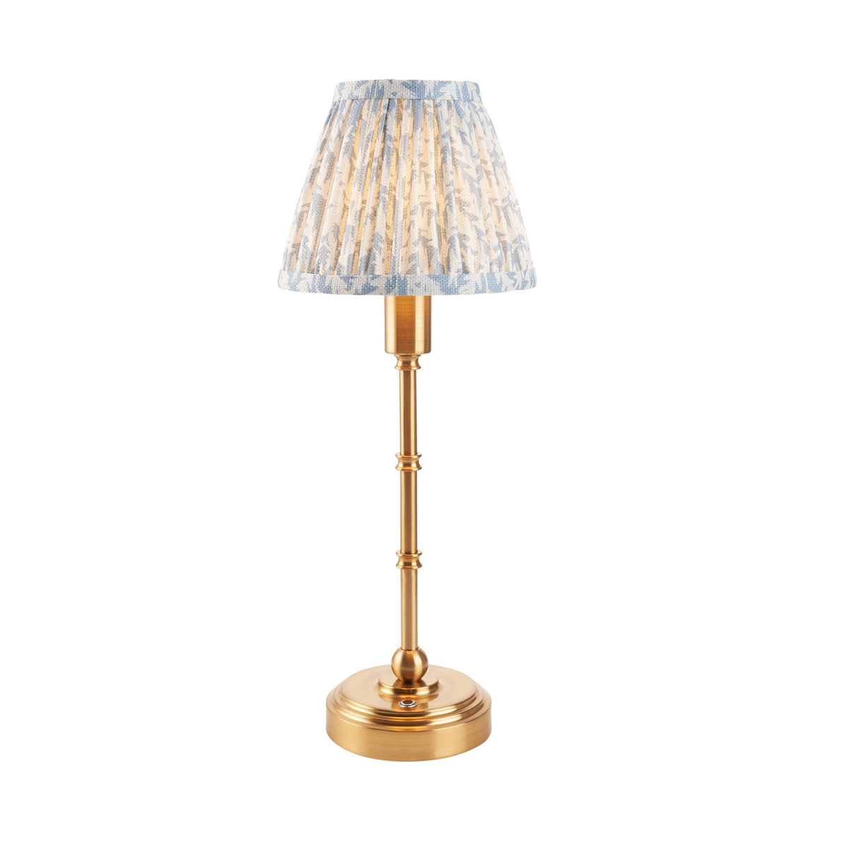 Burley Rechargeable Table Lamp in Brushed Aged Brass with Leaf 16cm Shell Bay Blue Shade