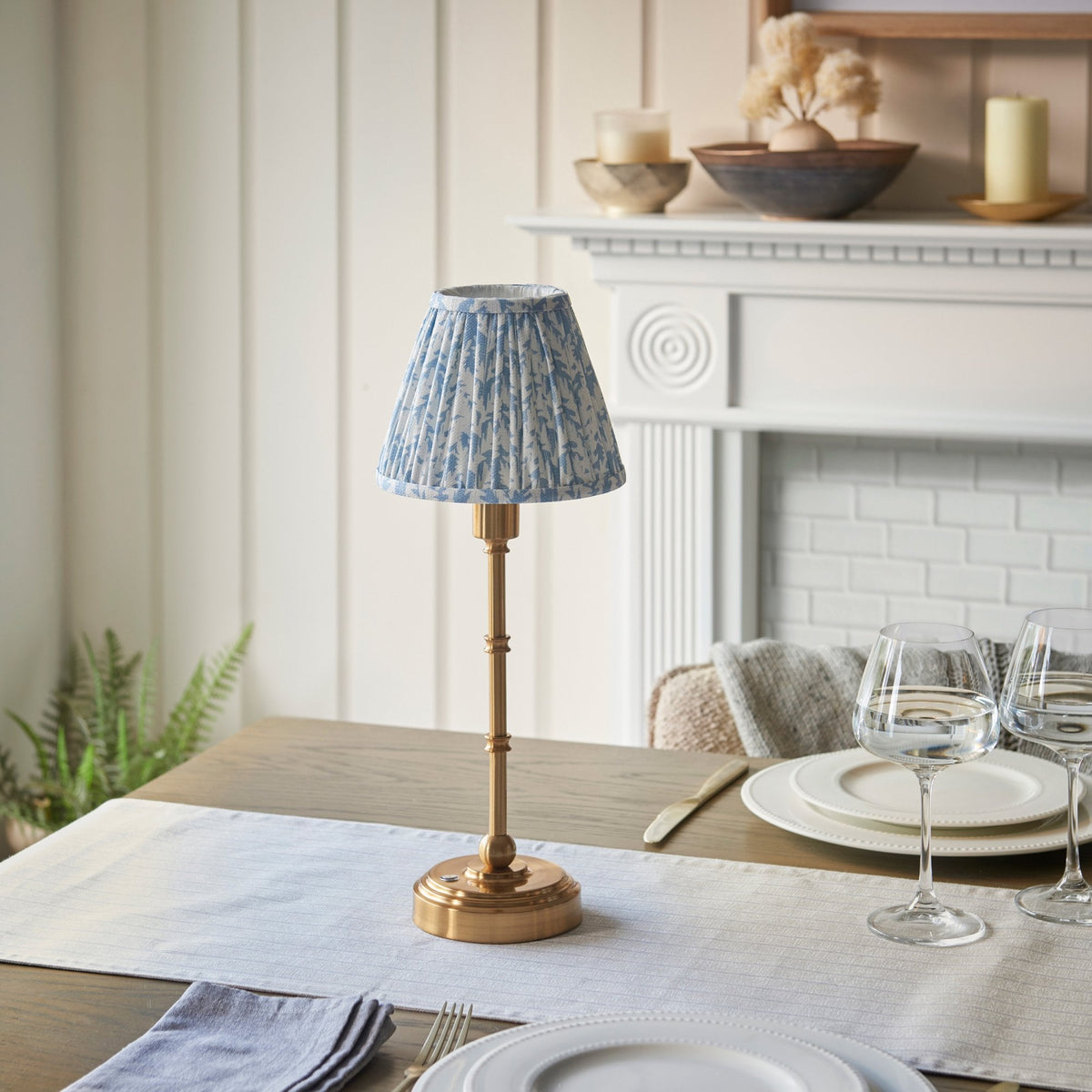 Burley Rechargeable Table Lamp in Brushed Aged Brass with Leaf 16cm Shell Bay Blue Shade