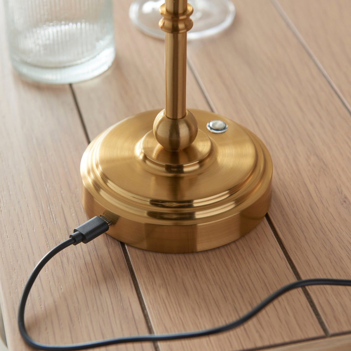 Burley Rechargeable Table Lamp in Brushed Aged Brass with Leaf 16cm Shell Bay Blue Shade