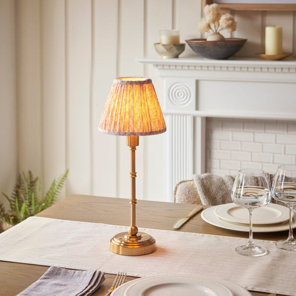 Burley Rechargeable Table Lamp in Brushed Aged Brass with Leaf 16cm Peachy Keen Shade