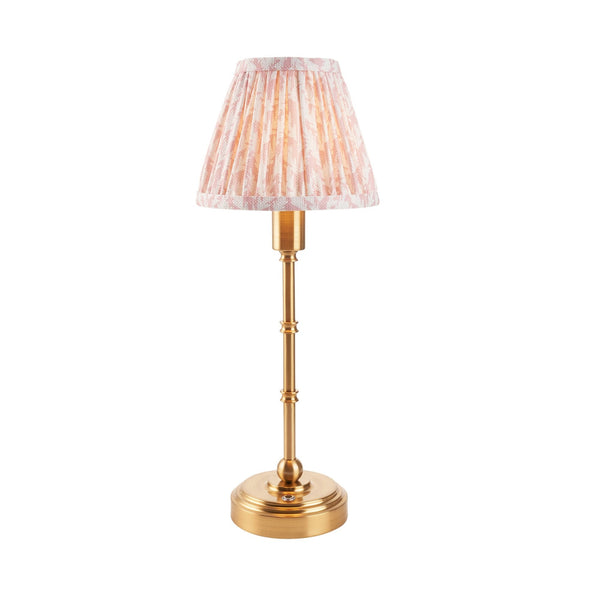 Burley Rechargeable Table Lamp in Brushed Aged Brass with Leaf 16cm Peachy Keen Shade