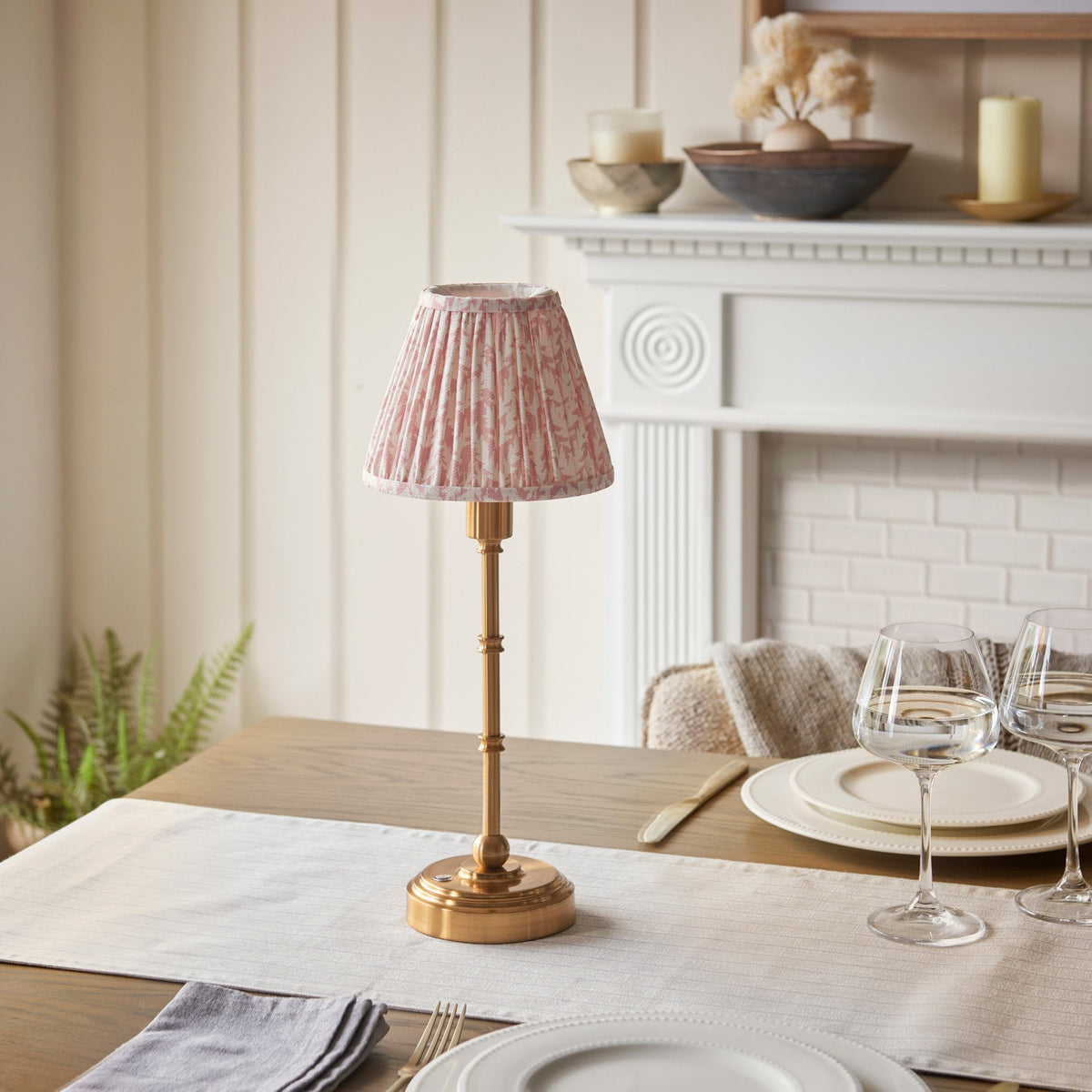 Burley Rechargeable Table Lamp in Brushed Aged Brass with Leaf 16cm Peachy Keen Shade