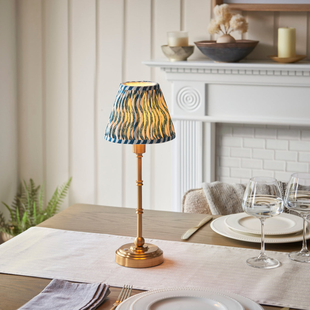Burley Rechargeable Table Lamp in Brushed Aged Brass with Ripple 16cm Marlin Blue Shade