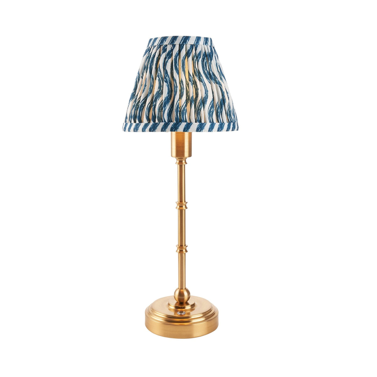 Burley Rechargeable Table Lamp in Brushed Aged Brass with Ripple 16cm Marlin Blue Shade