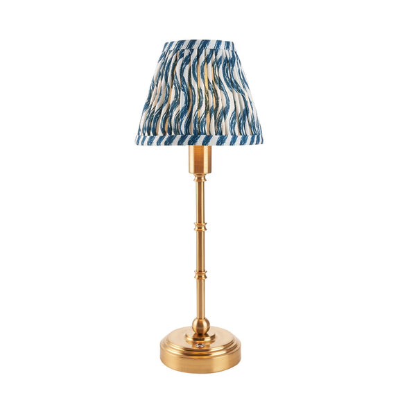 Burley Rechargeable Table Lamp in Brushed Aged Brass with Ripple 16cm Marlin Blue Shade