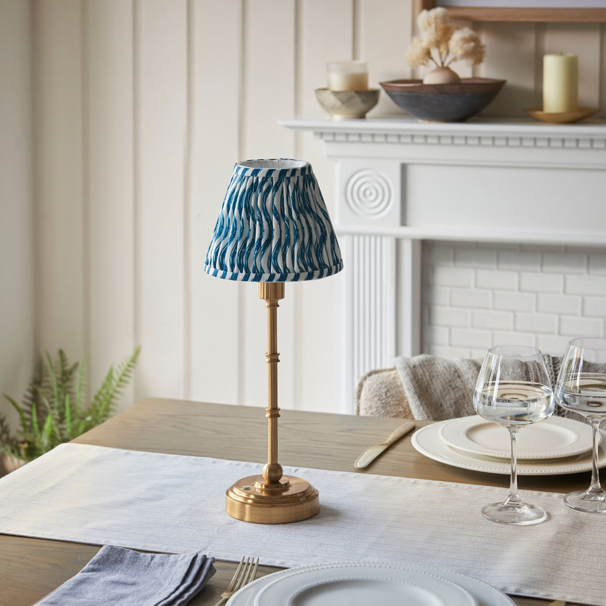 Burley Rechargeable Table Lamp in Brushed Aged Brass with Ripple 16cm Marlin Blue Shade
