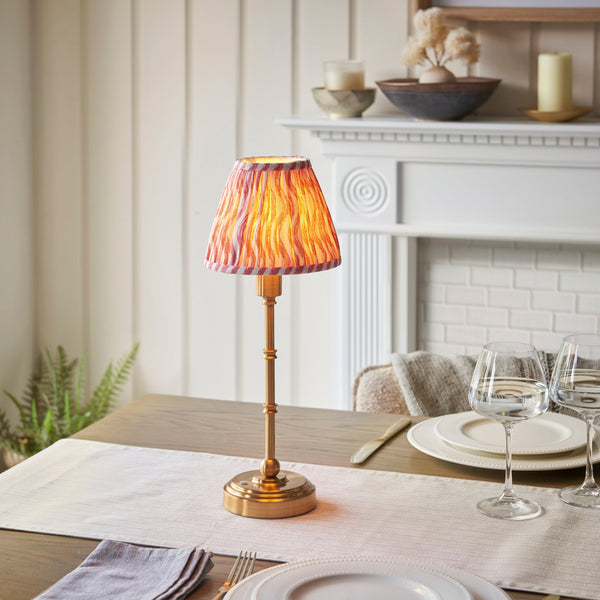 Burley Rechargeable Table Lamp in Brushed Aged Brass with Ripple 16cm Coral Pink Shade