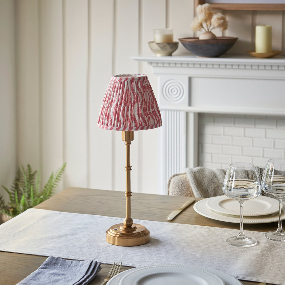 Burley Rechargeable Table Lamp in Brushed Aged Brass with Ripple 16cm Coral Pink Shade