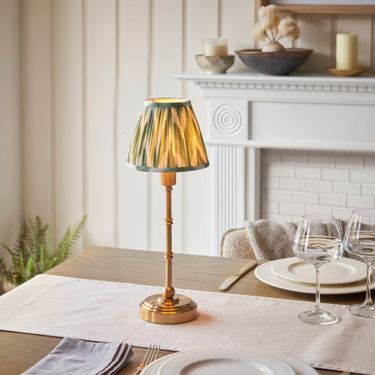 Burley Rechargeable Table Lamp in Brushed Aged Brass with Zigzag 16cm Cotswold Green Shade