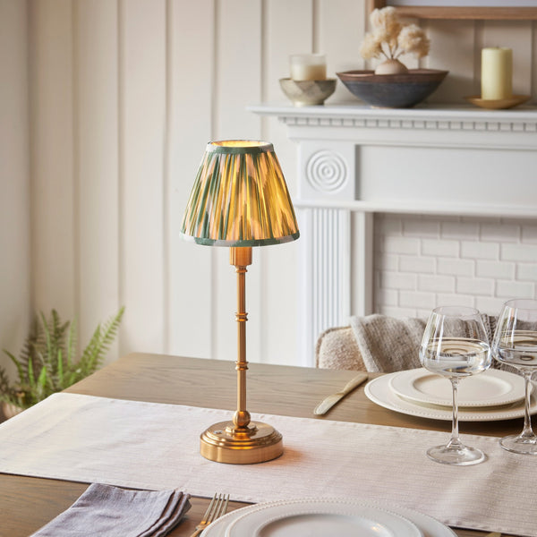 Burley Rechargeable Table Lamp in Brushed Aged Brass with Zigzag 16cm Cotswold Green Shade