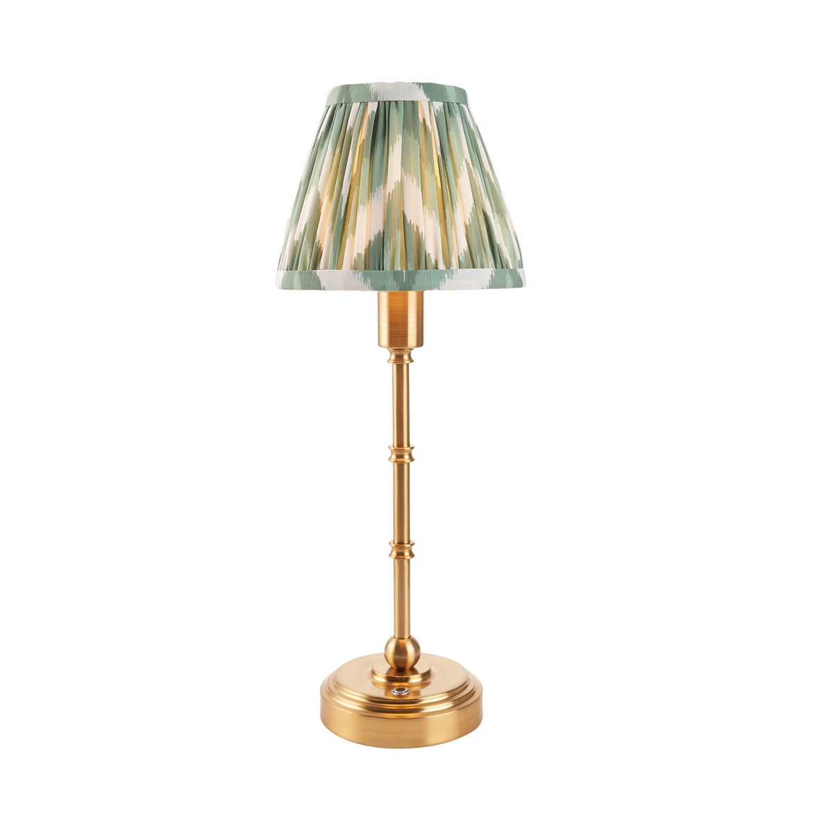 Burley Rechargeable Table Lamp in Brushed Aged Brass with Zigzag 16cm Cotswold Green Shade