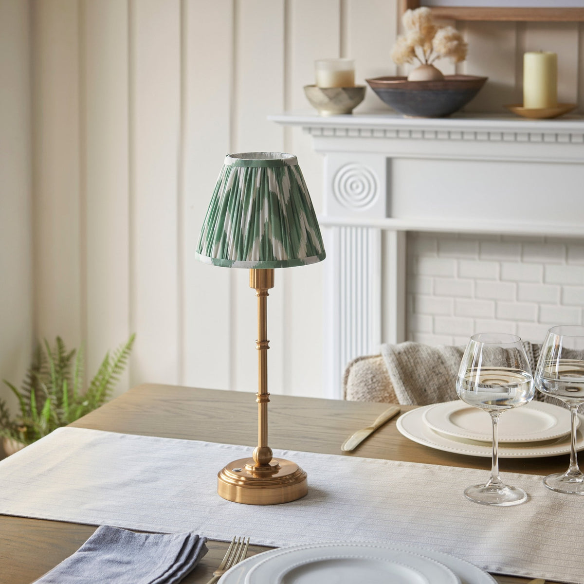 Burley Rechargeable Table Lamp in Brushed Aged Brass with Zigzag 16cm Cotswold Green Shade