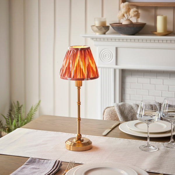 Burley Rechargeable Table Lamp in Brushed Aged Brass with Zigzag 16cm Apricot Orange Shade