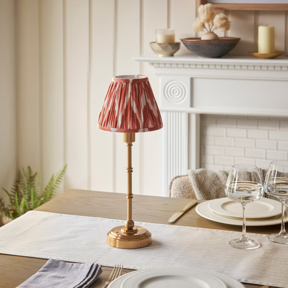 Burley Rechargeable Table Lamp in Brushed Aged Brass with Zigzag 16cm Apricot Orange Shade