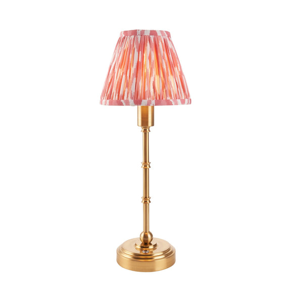 Burley Rechargeable Table Lamp in Brushed Aged Brass with Ikat 16cm Coral Pink Shade