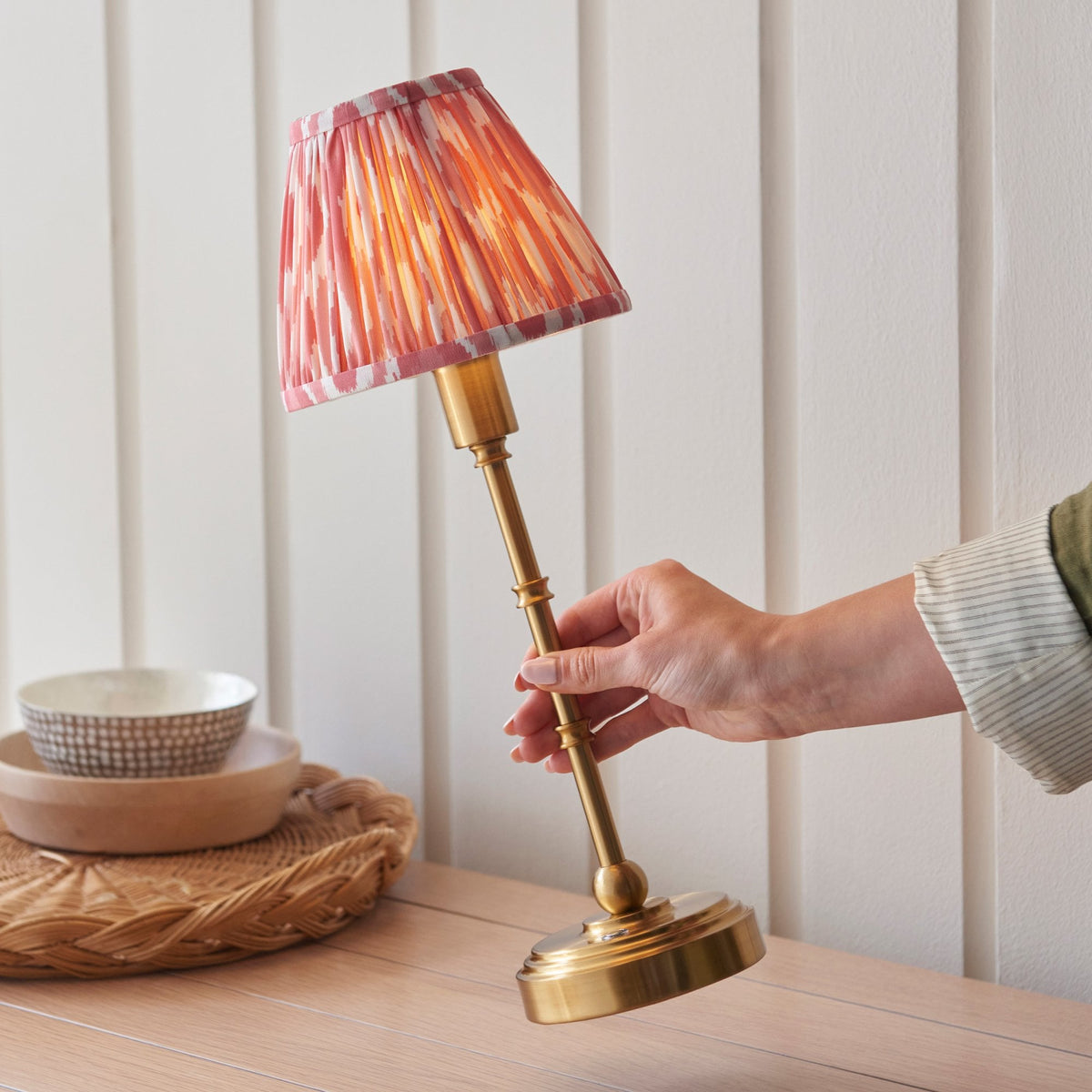 Burley Rechargeable Table Lamp in Brushed Aged Brass with Ikat 16cm Coral Pink Shade