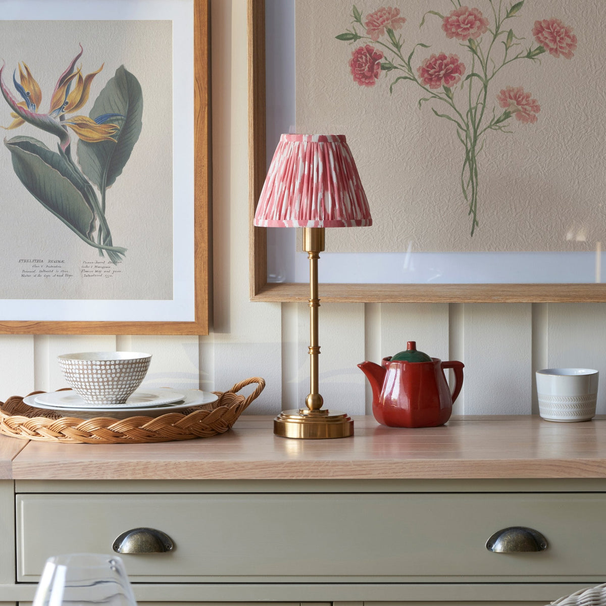 Burley Rechargeable Table Lamp in Brushed Aged Brass with Ikat 16cm Coral Pink Shade