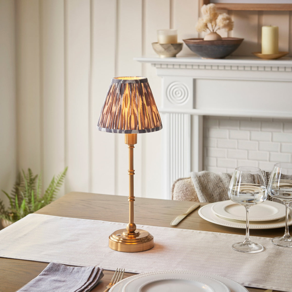 Burley Rechargeable Table Lamp in Brushed Aged Brass with Ikat 16cm Pearl Grey Shade