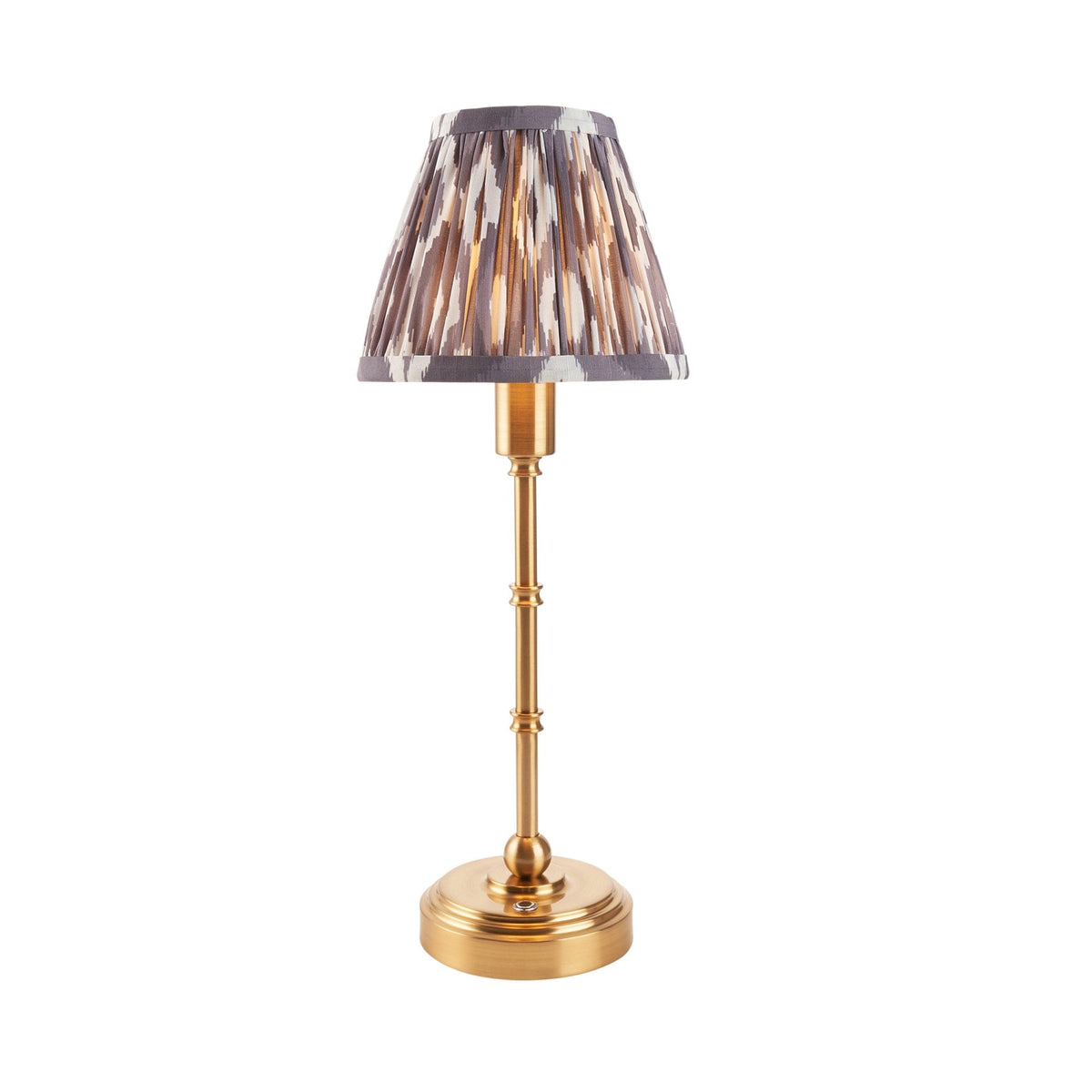 Burley Rechargeable Table Lamp in Brushed Aged Brass with Ikat 16cm Pearl Grey Shade