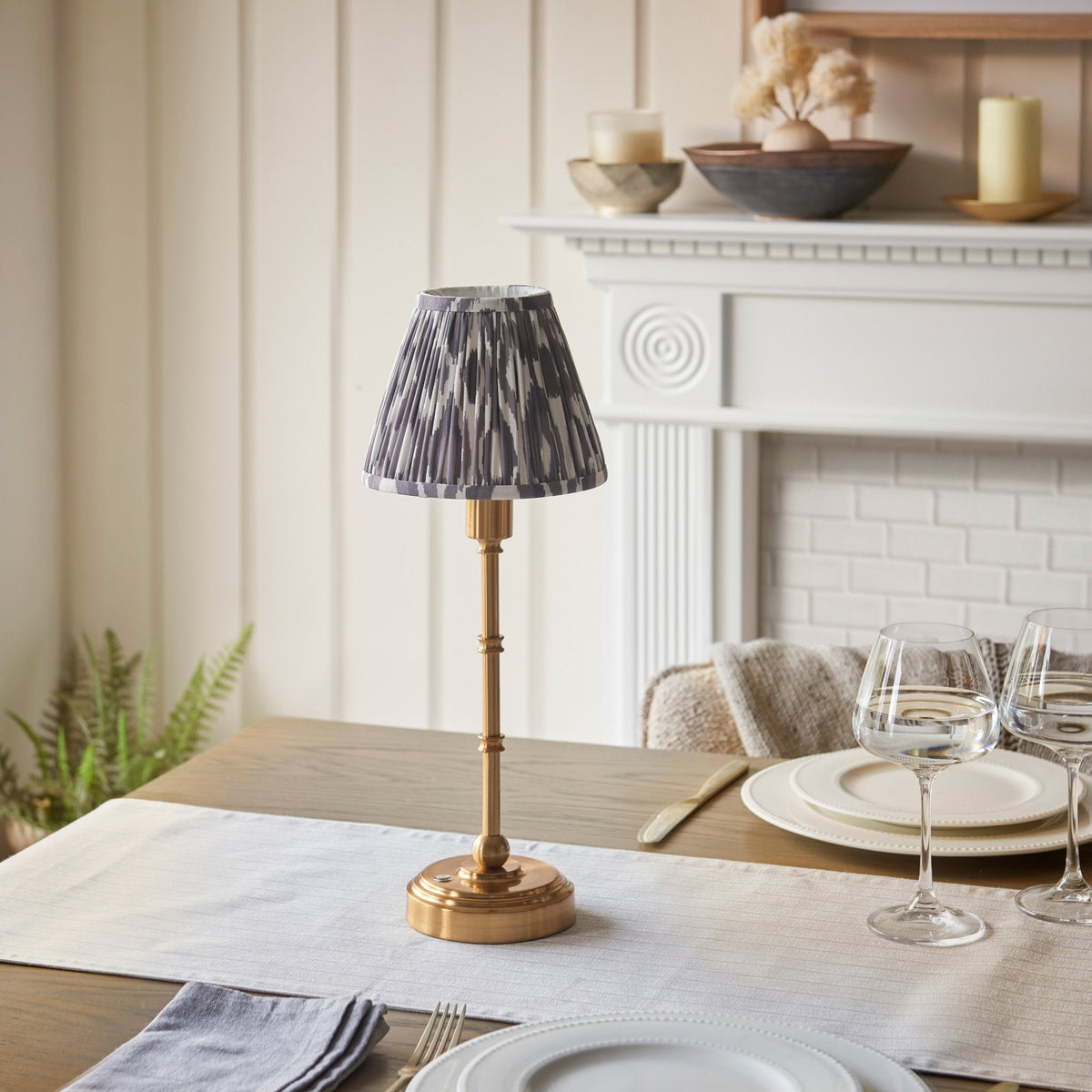 Burley Rechargeable Table Lamp in Brushed Aged Brass with Ikat 16cm Pearl Grey Shade