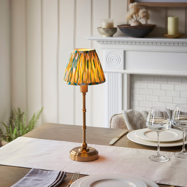 Burley Rechargeable Table Lamp in Brushed Aged Brass with Ikat 16cm Yellow & Jade Shade