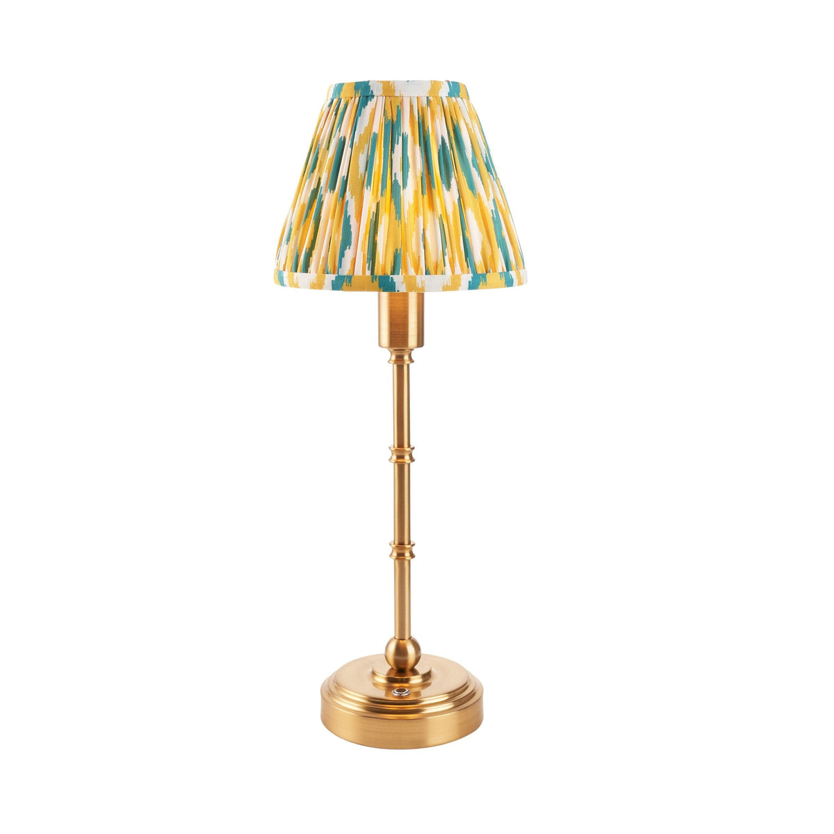 Burley Rechargeable Table Lamp in Brushed Aged Brass with Ikat 16cm Yellow & Jade Shade