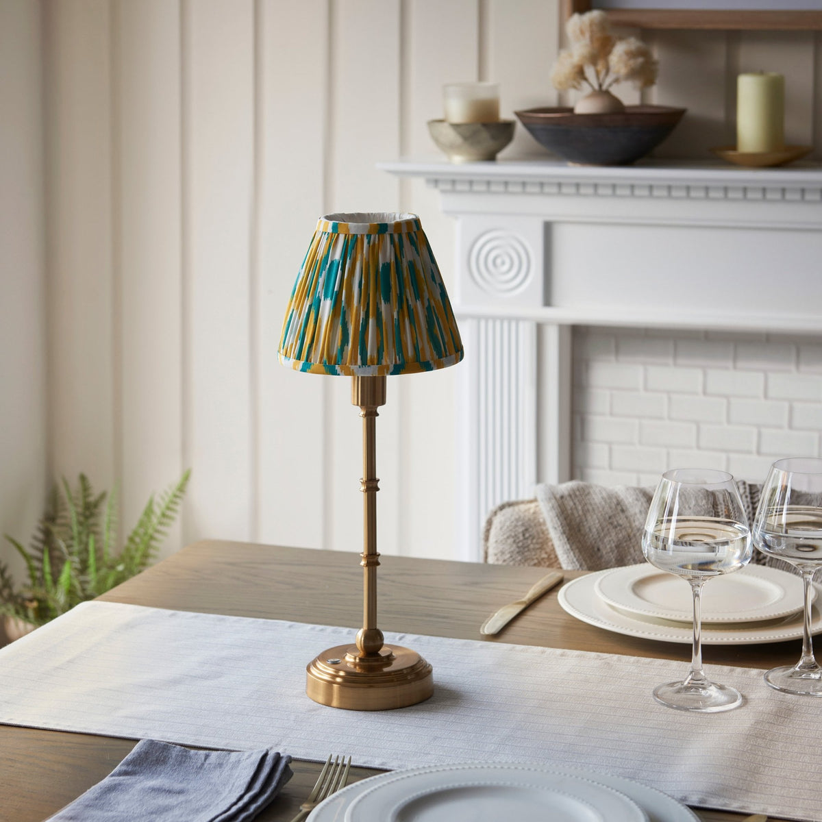 Burley Rechargeable Table Lamp in Brushed Aged Brass with Ikat 16cm Yellow & Jade Shade