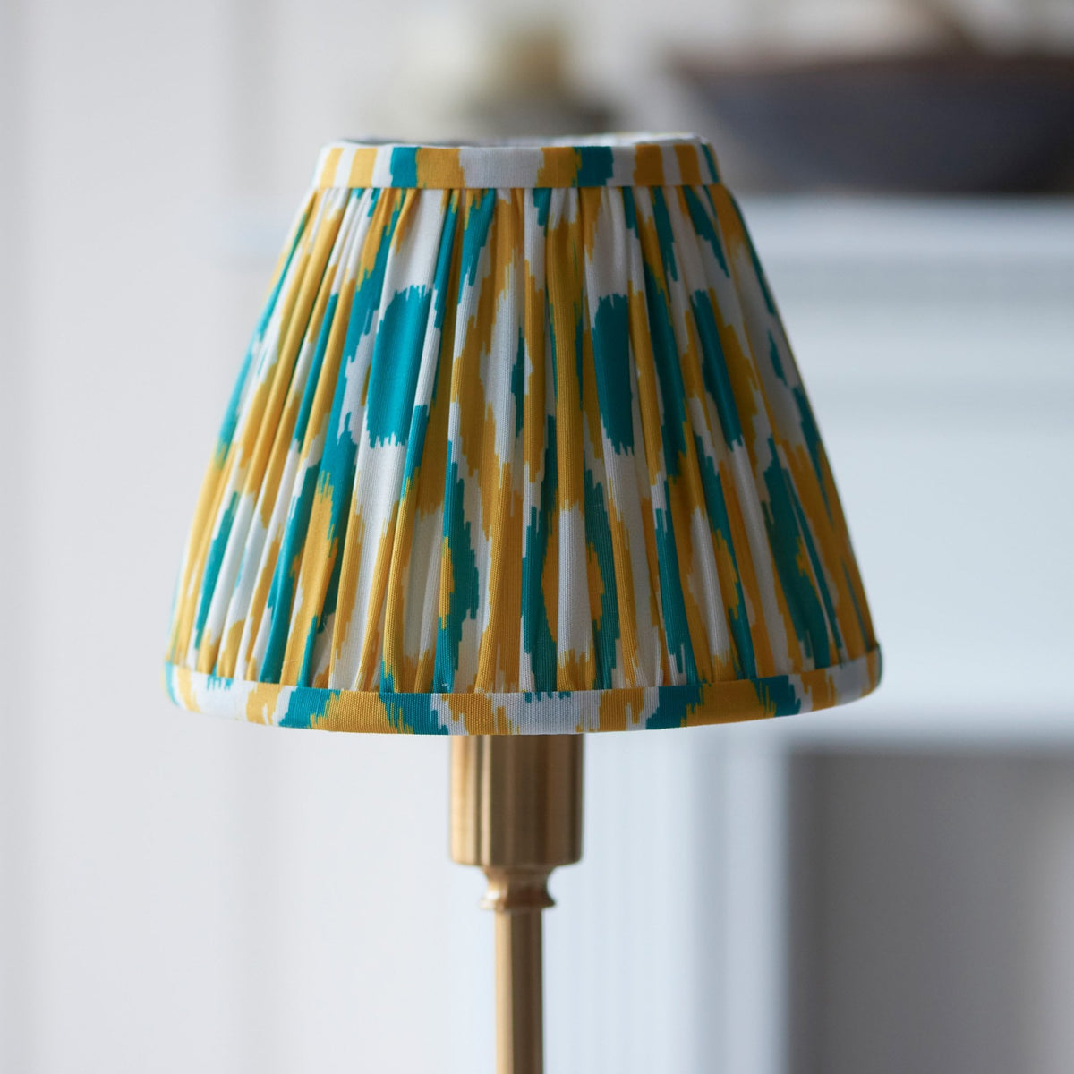 Burley Rechargeable Table Lamp in Brushed Aged Brass with Ikat 16cm Yellow & Jade Shade