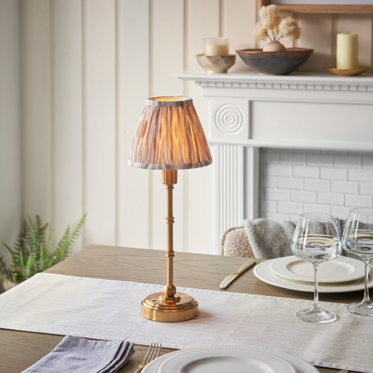 Burley Rechargeable Table Lamp in Brushed Aged Brass with Ikat 16cm Neutral Shade