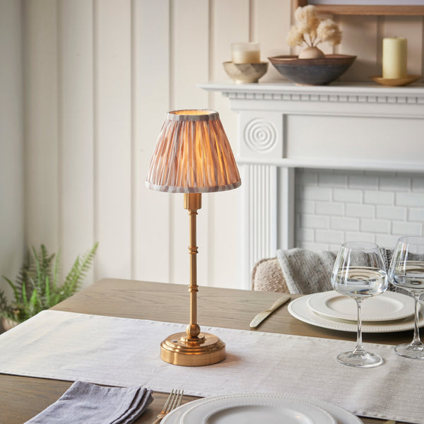Burley Rechargeable Table Lamp in Brushed Aged Brass with Ikat 16cm Neutral Shade