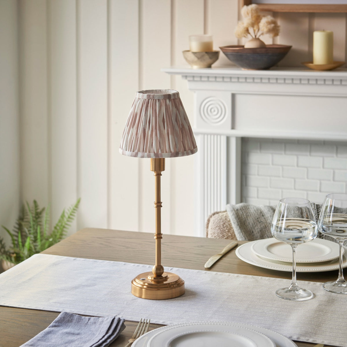 Burley Rechargeable Table Lamp in Brushed Aged Brass with Ikat 16cm Neutral Shade
