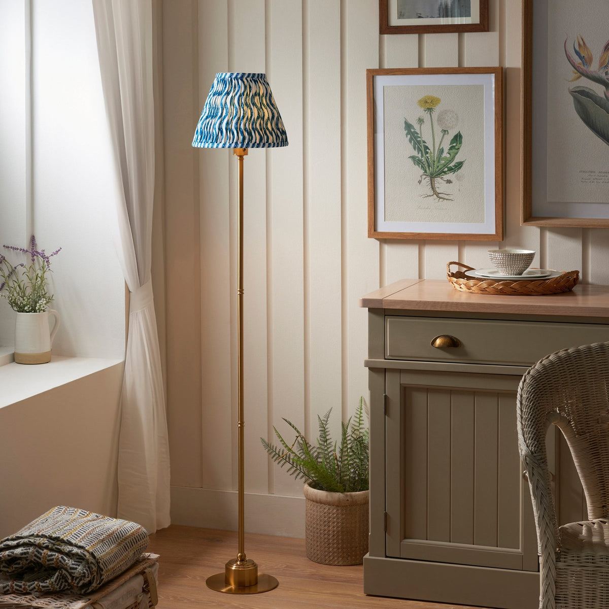 Burley Rechargeable Floor Lamp in Brushed Aged Brass with Ripple 25cm Marlin Blue Shade