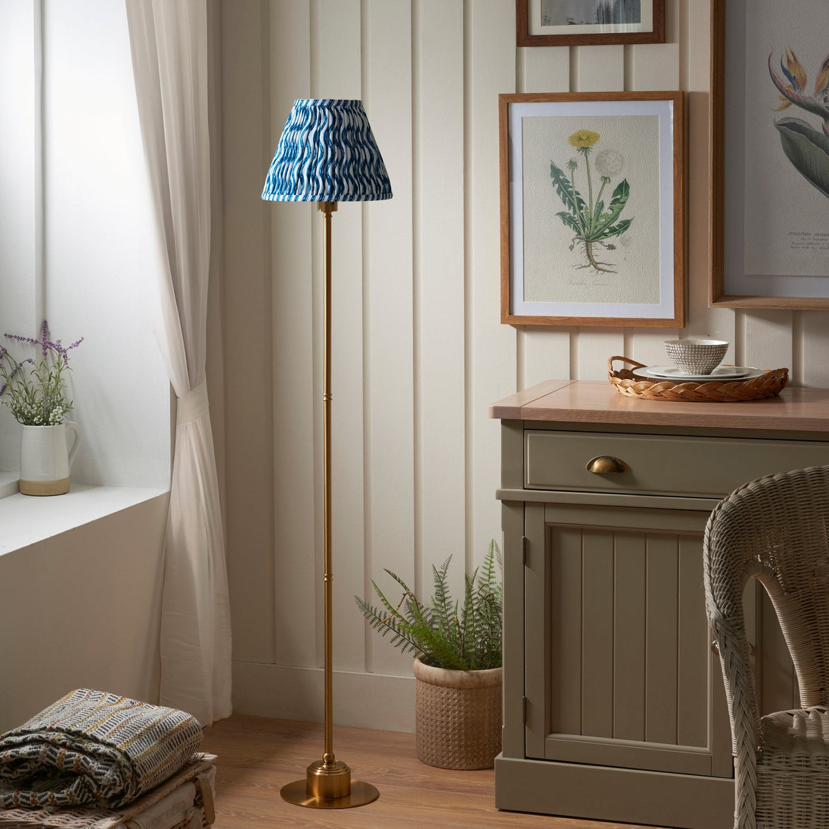 Burley Rechargeable Floor Lamp in Brushed Aged Brass with Ripple 25cm Marlin Blue Shade