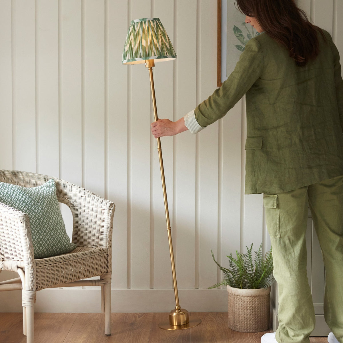 Burley Rechargeable Floor Lamp in Brushed Aged Brass with Zigzag 25cm Cotswold Green Shade