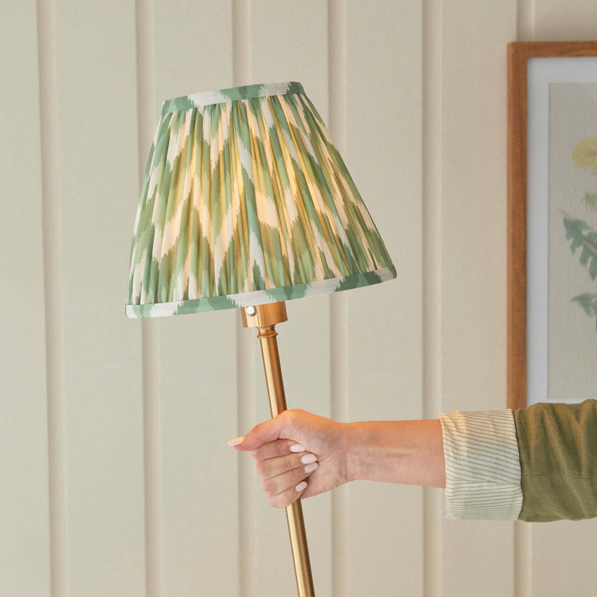 Burley Rechargeable Floor Lamp in Brushed Aged Brass with Zigzag 25cm Cotswold Green Shade