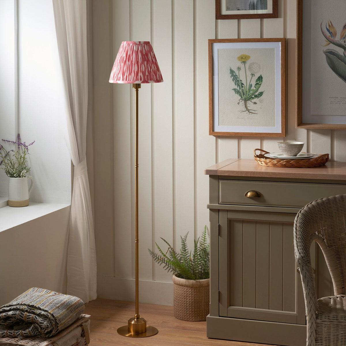 Burley Rechargeable Floor Lamp in Brushed Aged Brass with Ikat 25cm Coral Pink Shade