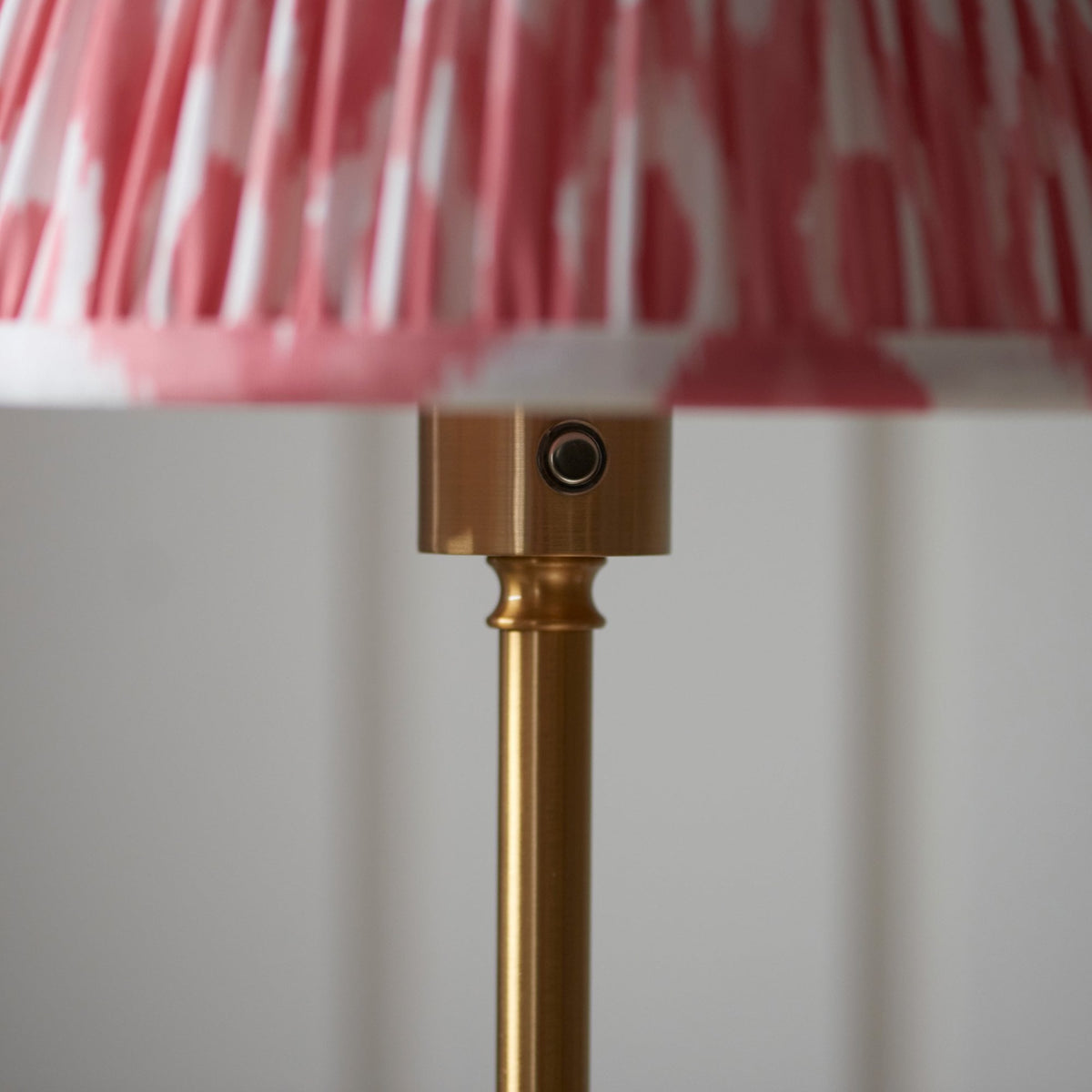 Burley Rechargeable Floor Lamp in Brushed Aged Brass with Ikat 25cm Coral Pink Shade