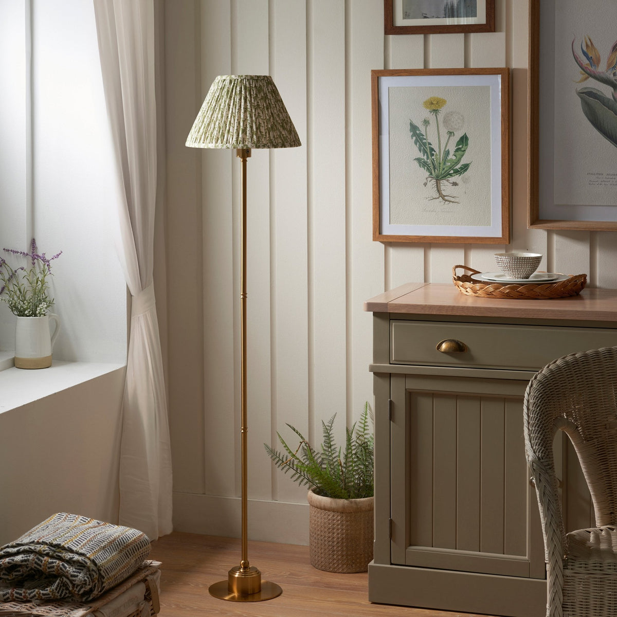 Burley Rechargeable Floor Lamp in Brushed Aged Brass with Leaf 30cm Herb Garden Green Shade