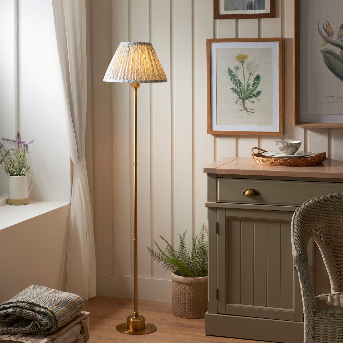 Burley Rechargeable Floor Lamp in Brushed Aged Brass with Leaf 30cm Shell Bay Blue Shade